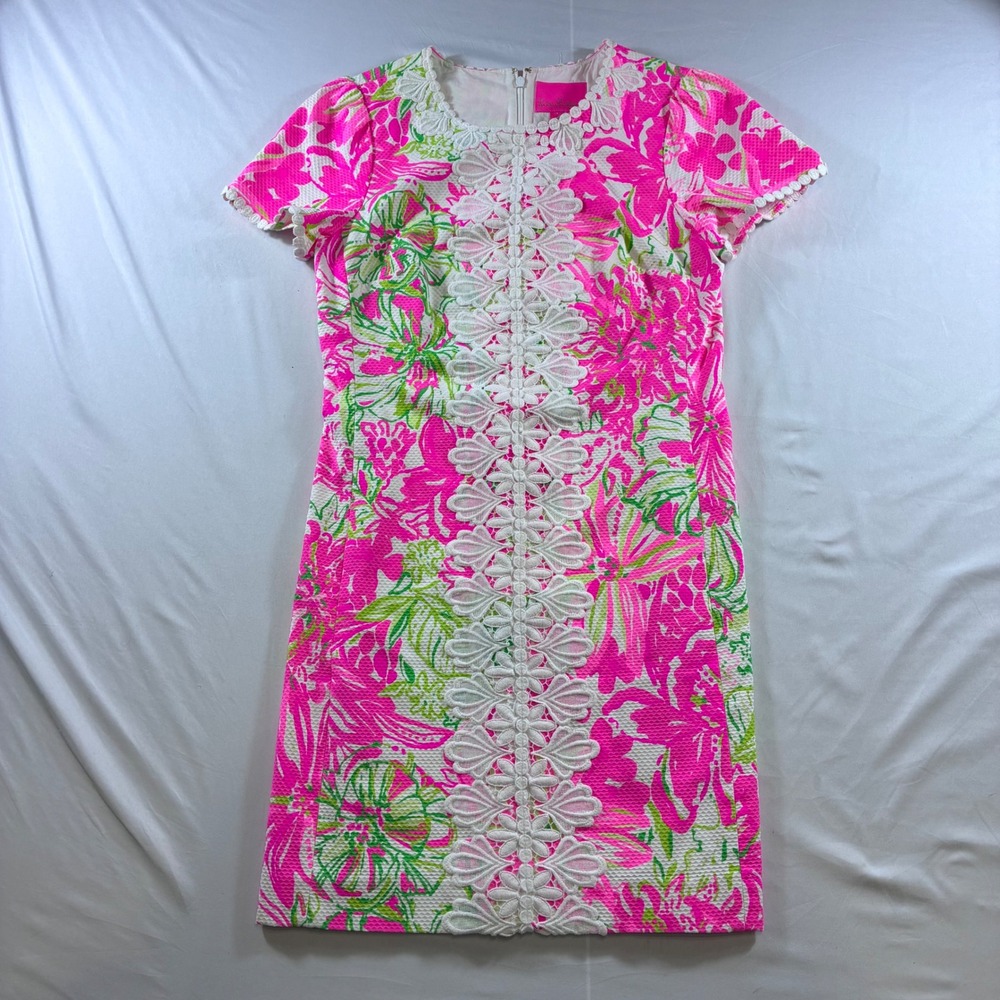 Lilly Pulitzer Mila Shift Dress Get Trunky Pink Green Lace Trim Cotton Size 8